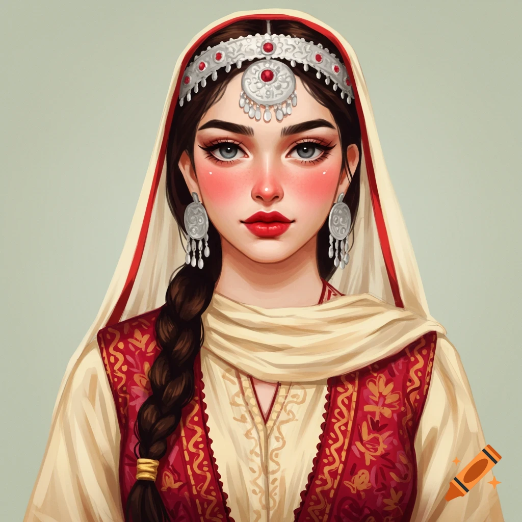 Portrait of a woman in traditional dress with ornate headpiece and earrings.