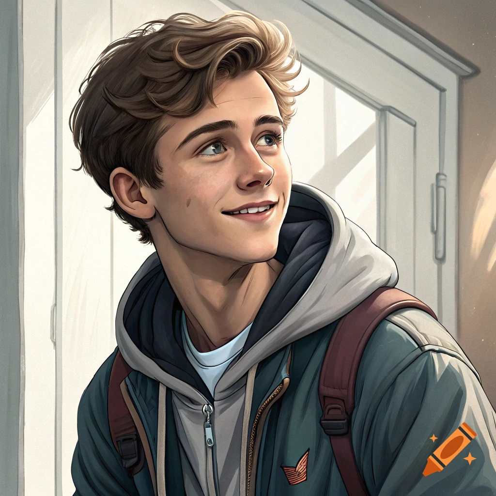 An illustration of a young man with a backpack looking up and smiling.
