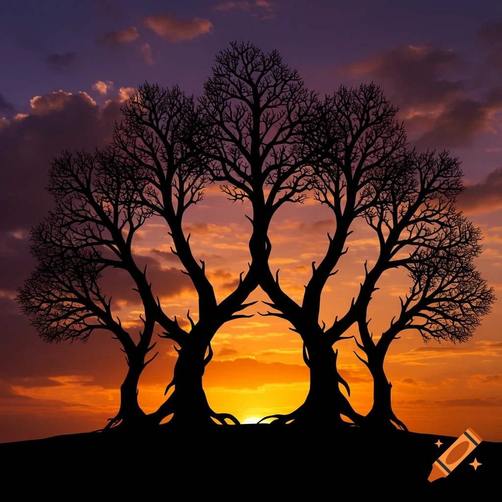 Silhouette of intertwined trees against a vibrant orange and purple sunset.