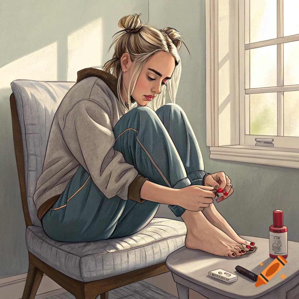 An illustration of a young woman with hair buns sitting by a window, painting her toenails.