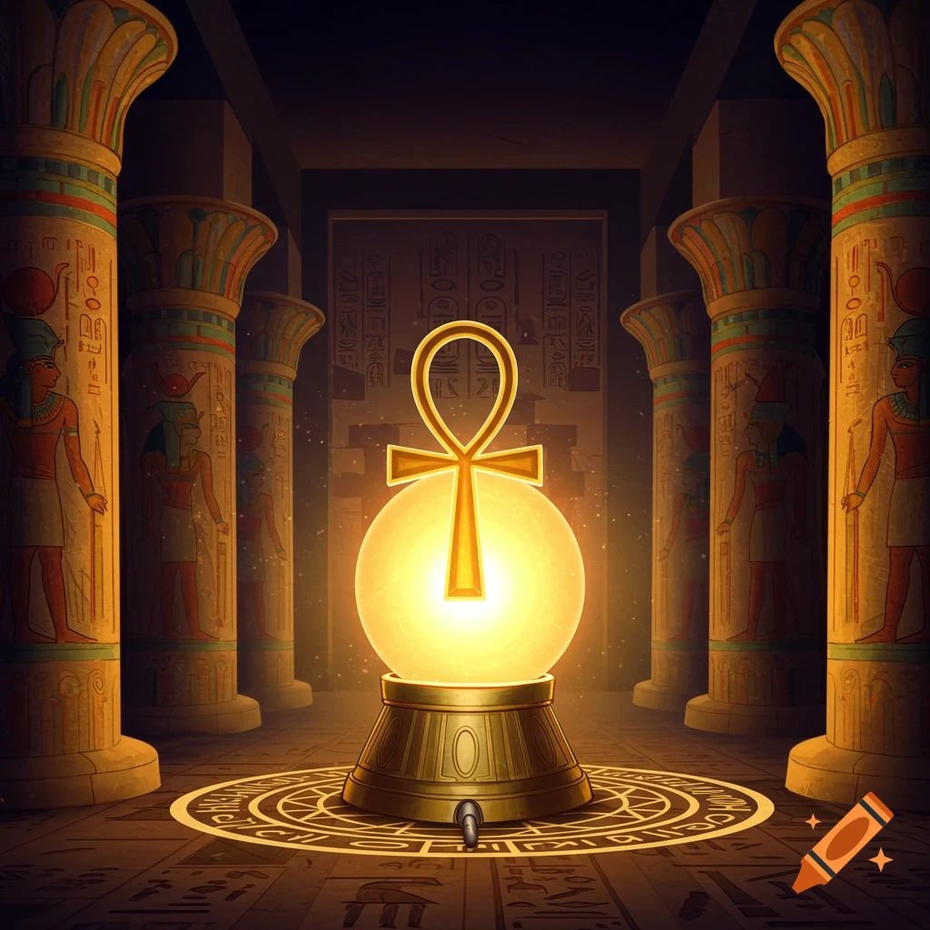 A glowing Ankh symbol on a stand in an Egyptian temple with hieroglyph-covered pillars.