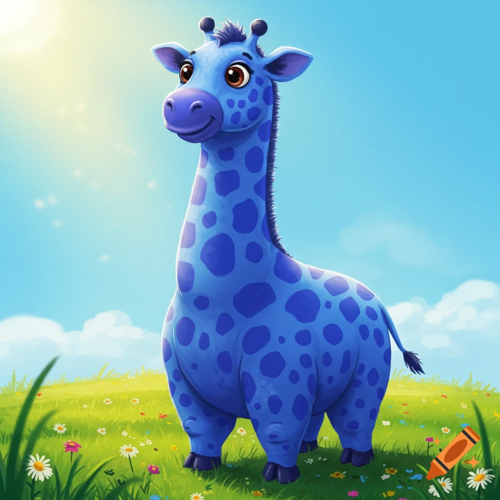 A cute cartoon of a fat blue giraffe with dark blue spots standing in a sunny field of grass and flowers.