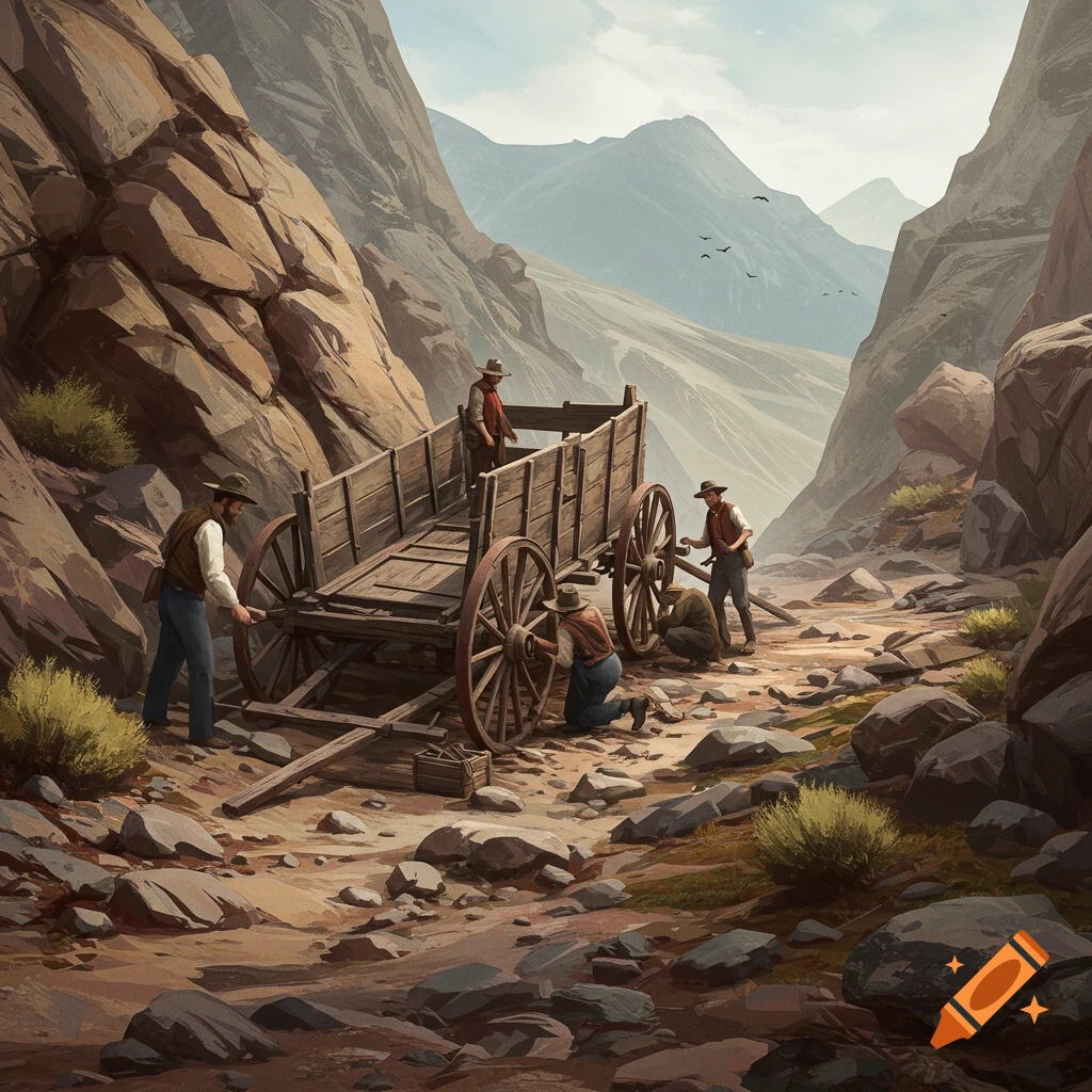 Men fixing a broken wagon on a rocky trail in a canyon.