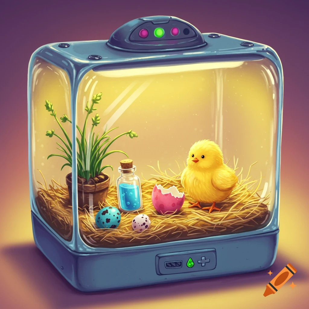 A chick is in an incubator with eggs and a plant.