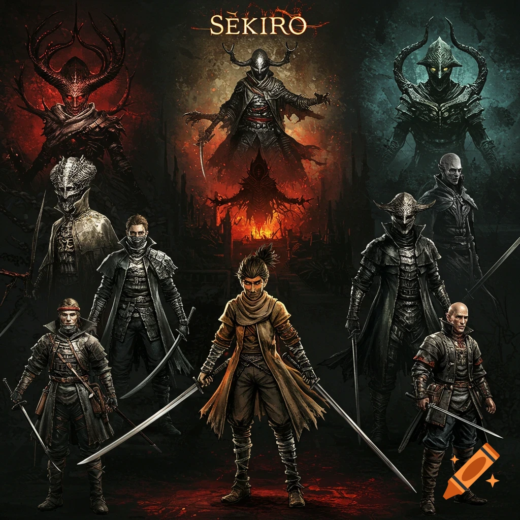 Sekiro and other dark fantasy video game characters arranged in a dramatic montage.