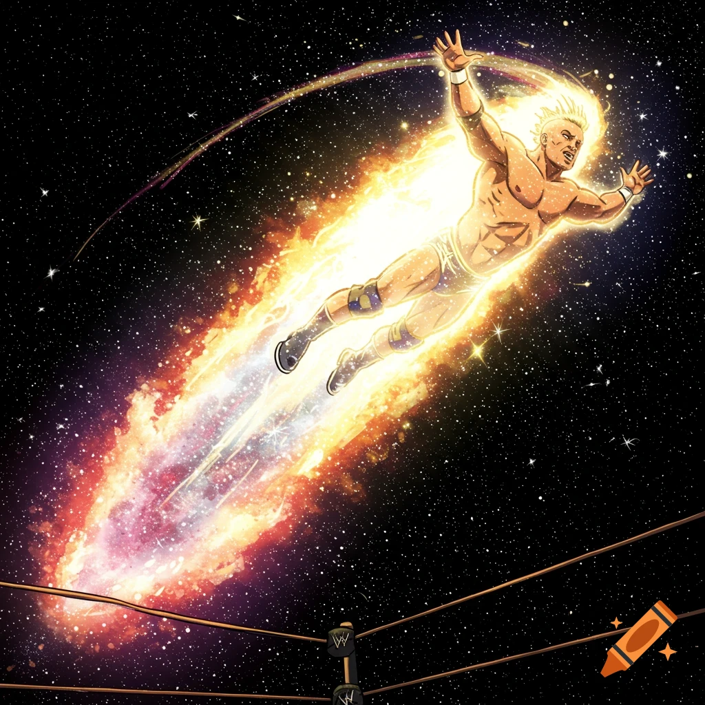 Stylized illustration of a wrestler flying through space like a shooting star above a wrestling ring