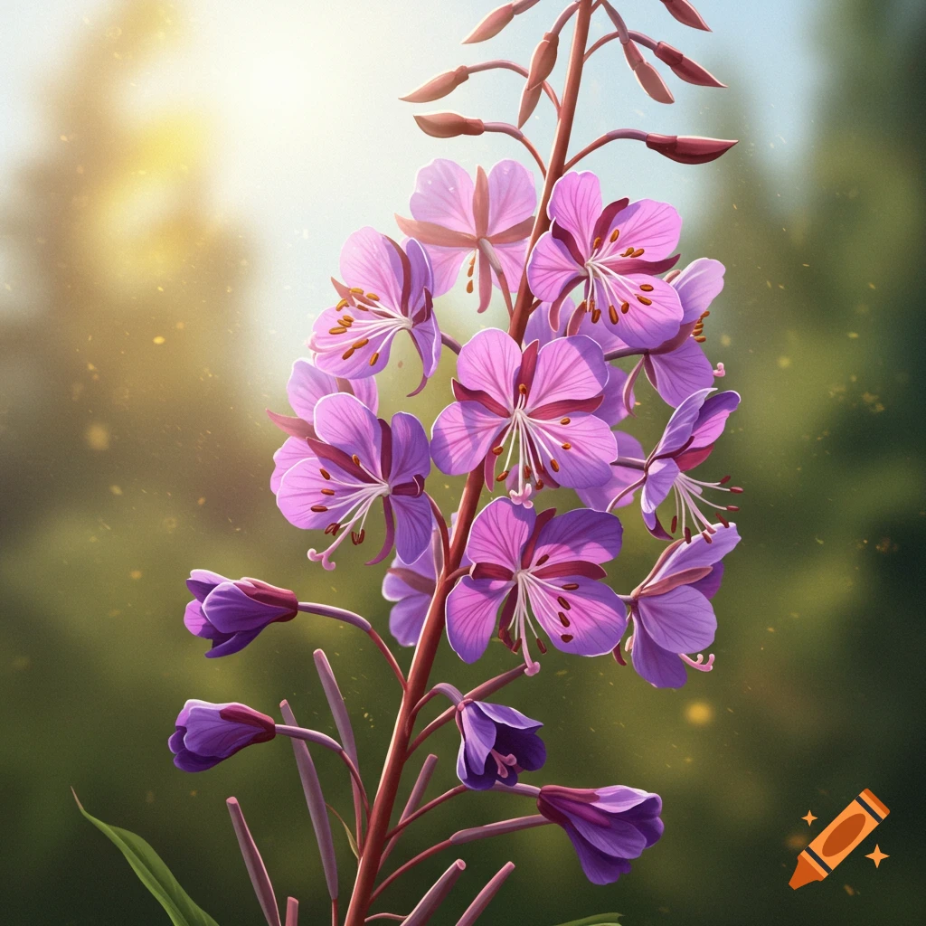 Purple fireweed flowers in the sun against a blurred background.