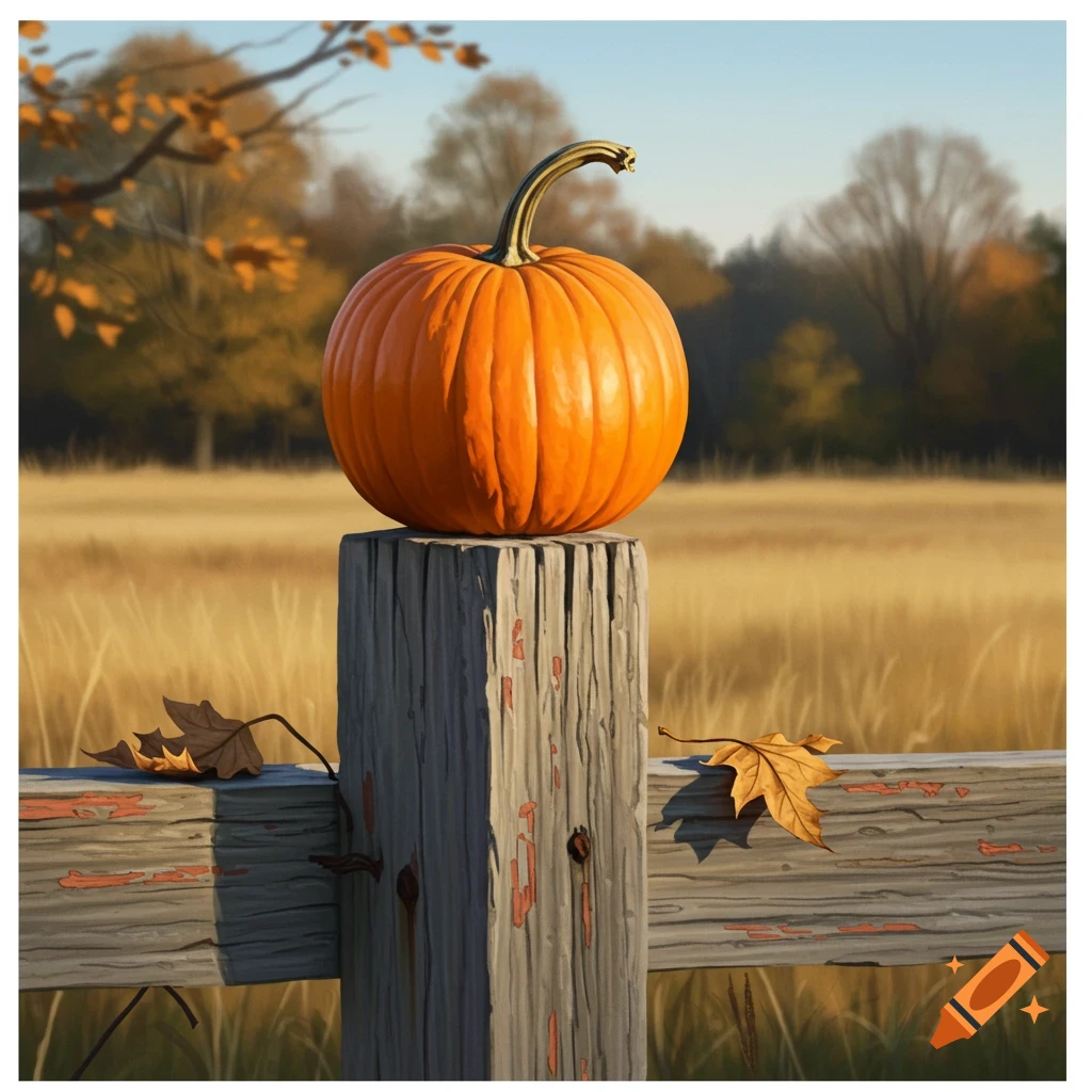 A pumpkin sits on a fence post in an autumn field.