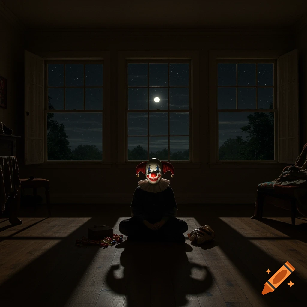 A person in a creepy clown mask sits on the floor in a dark room lit by moonlight from three large windows.