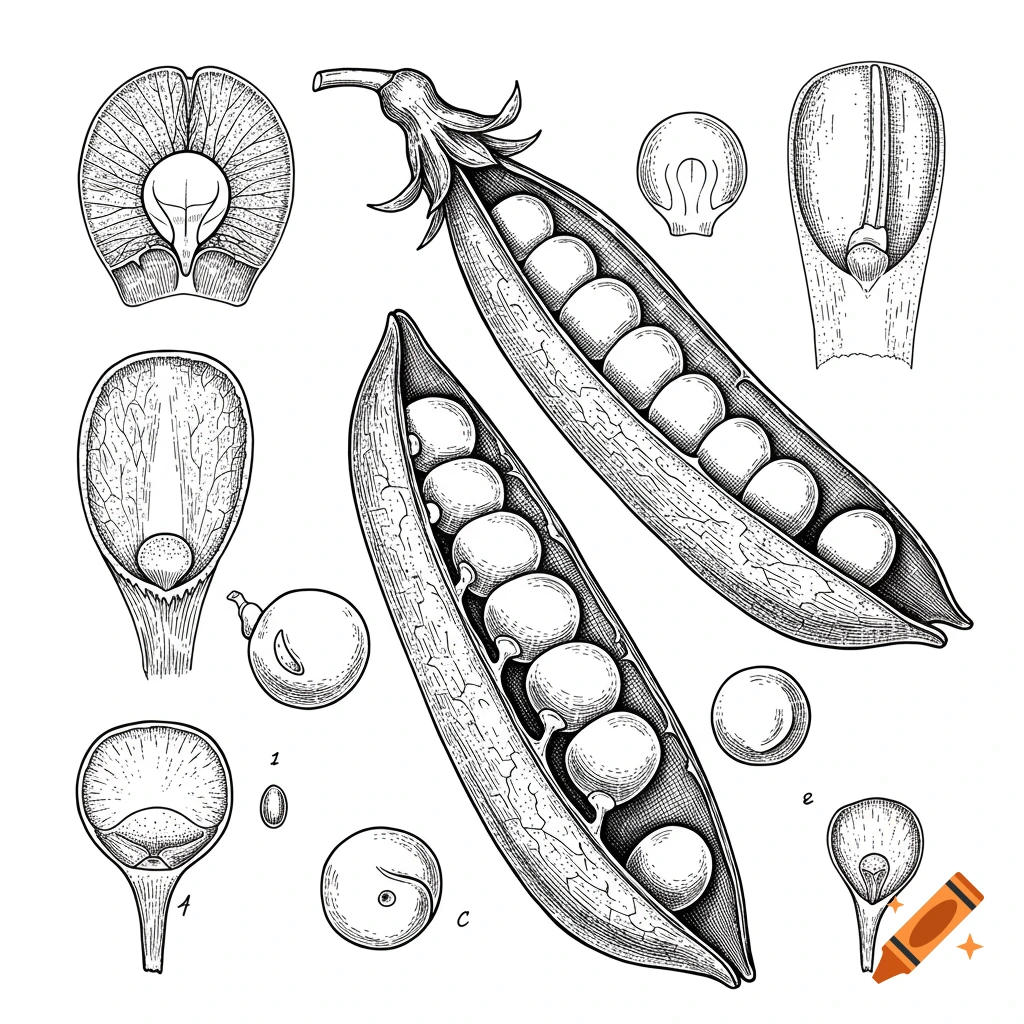 Black and white scientific illustration of pea pods, seeds, and anatomical details.