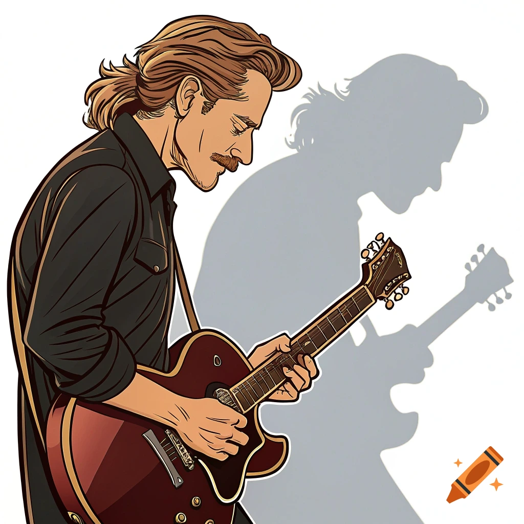 Cartoon illustration of a man with a mustache and ponytail playing a guitar, casting a silhouette shadow.
