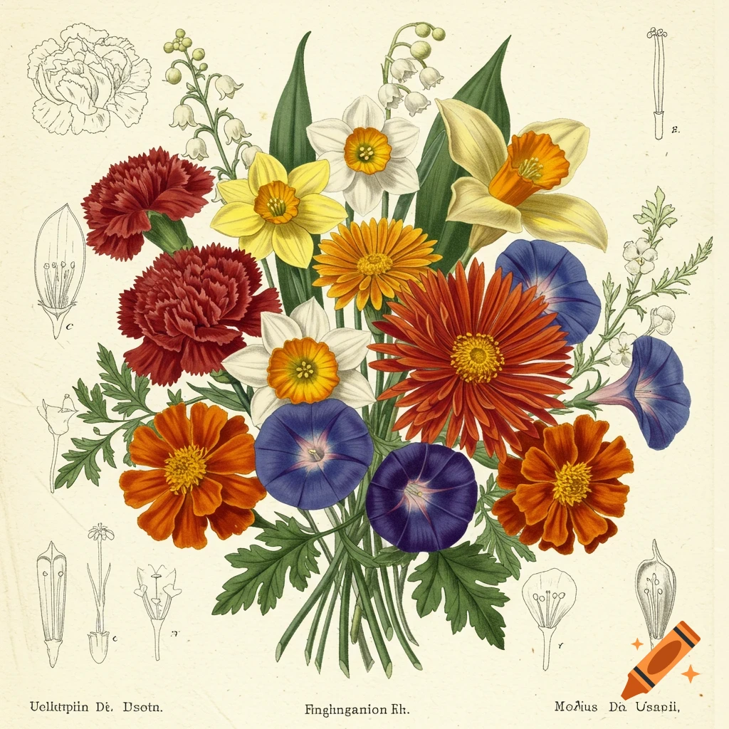 A bouquet of colorful flowers with scientific diagrams in an old botanical illustration style.