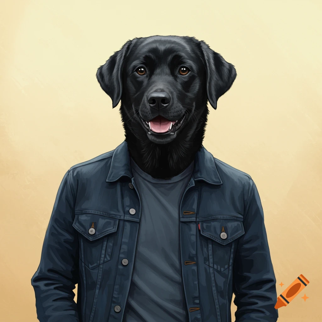 A black lab dog head on a human body wearing a denim jacket and t-shirt.
