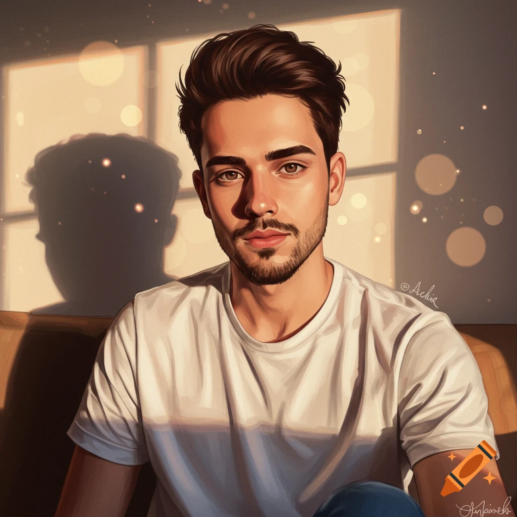 A young man in a white t-shirt, seated in sunlight with bokeh effects.