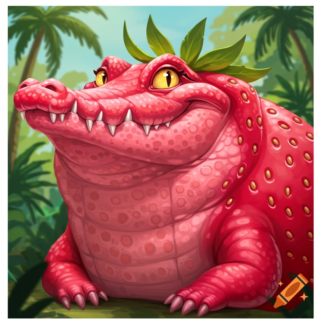 A cartoon red strawberry crocodile in a jungle