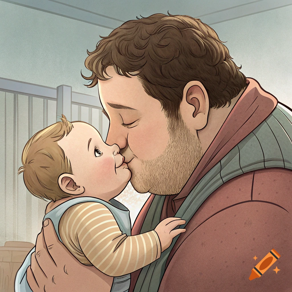 An illustration of a father gently kissing his baby.