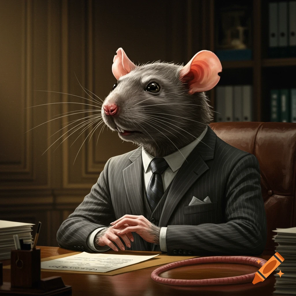 A rat in a pinstripe suit sits at a desk