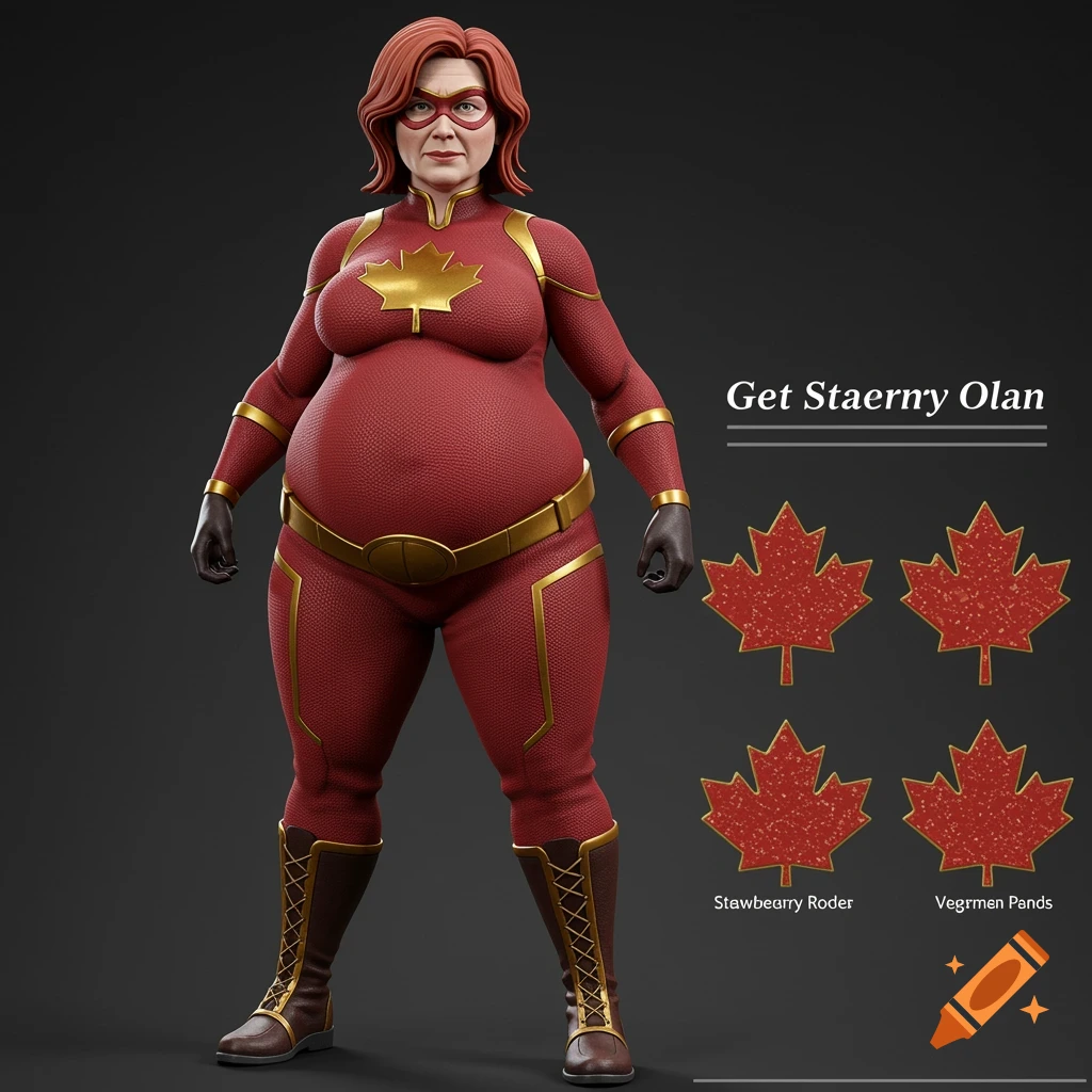 3D rendering of a female superhero action figure in red and gold suit with maple leaf emblem.