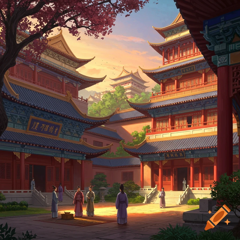 View of traditional East Asian architecture with people in courtyard