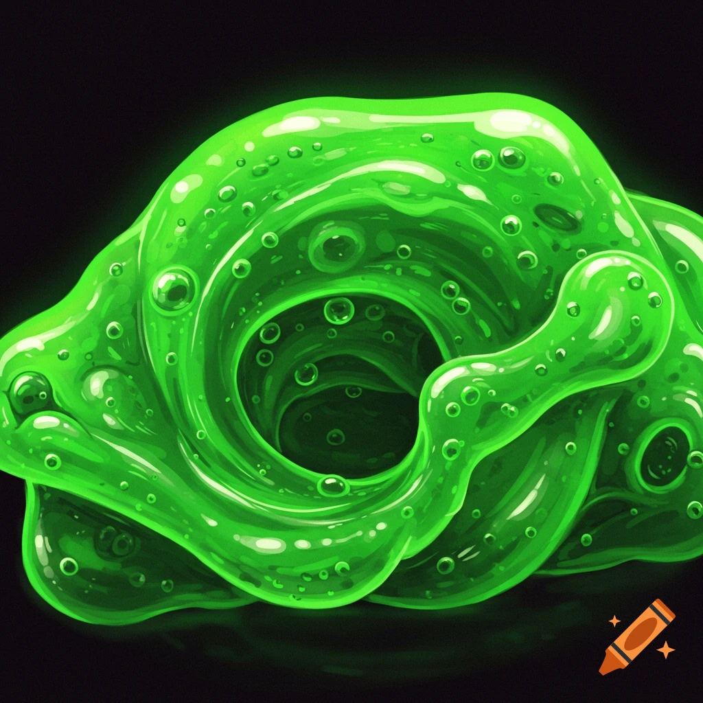 A blob of green, bubbly, glossy slime against a black background.