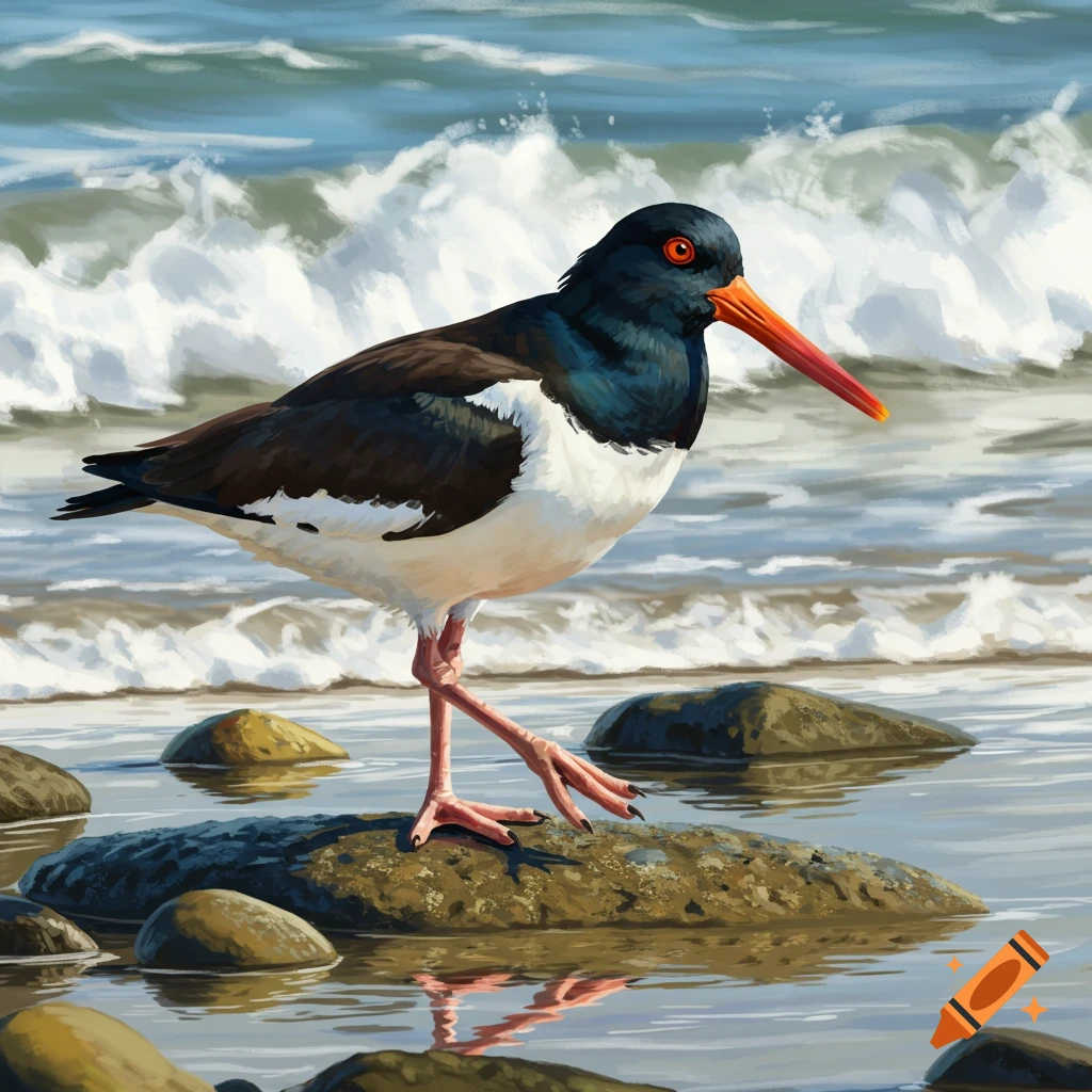 An American oystercatcher standing on a rock by the ocean.