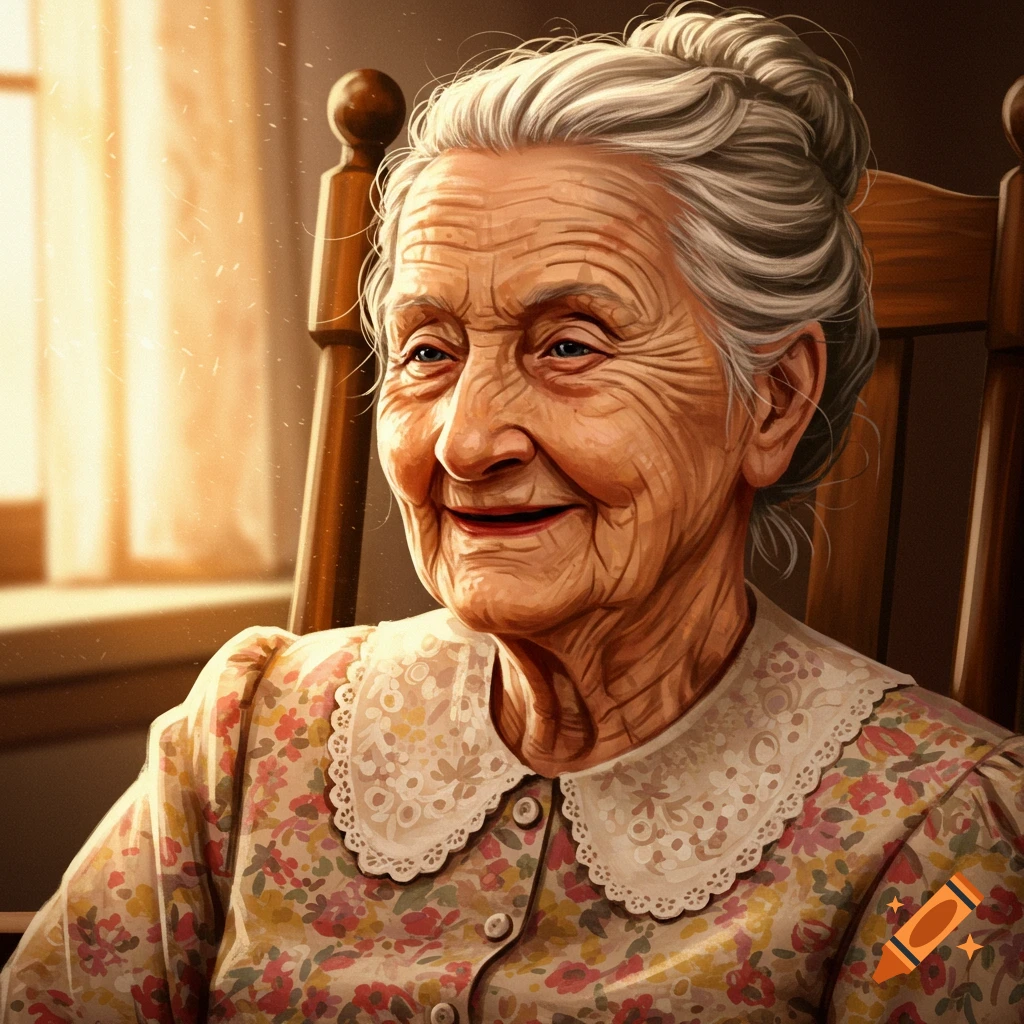 An old woman sits in a rocking chair.