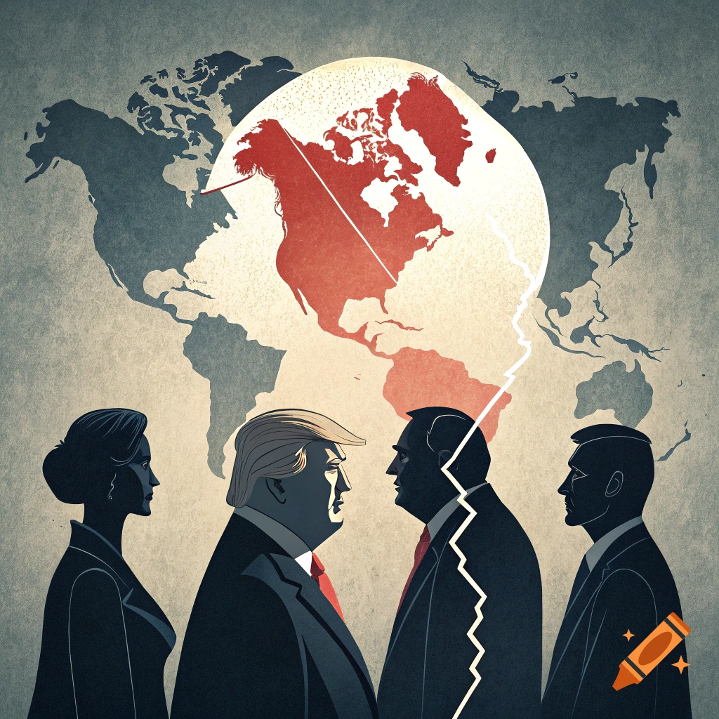 Illustration of political figures facing each other over a fractured globe on a world map background, representing international relations.
