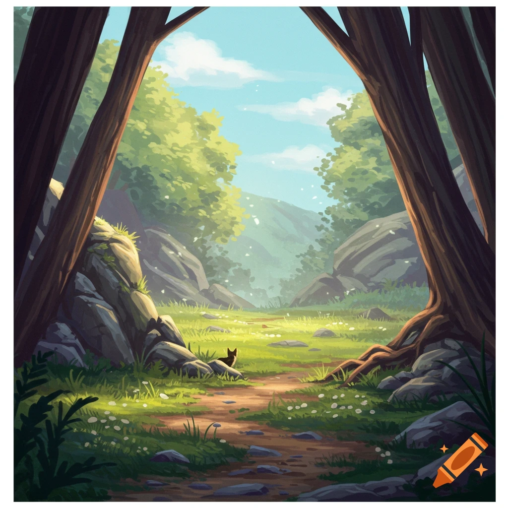 A valley is seen through tree trunks, with a path and a small black cat.