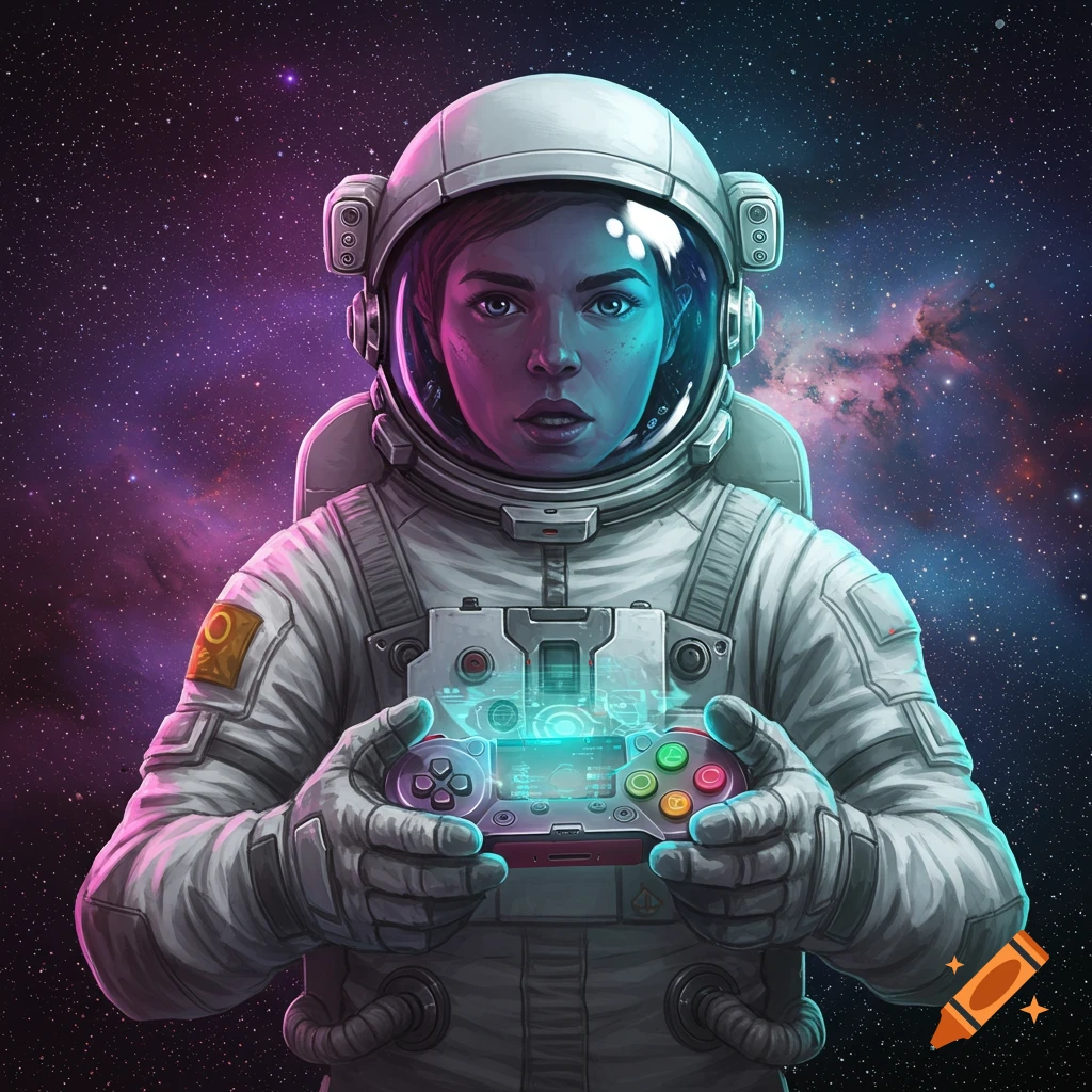 An astronaut holds a futuristic game controller in space