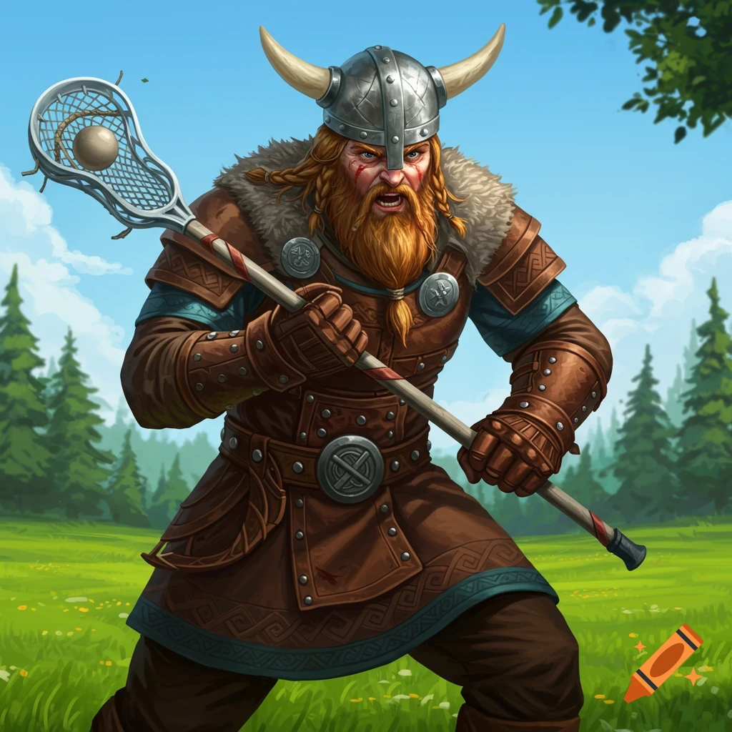 A fierce Viking warrior playing lacrosse on a field.