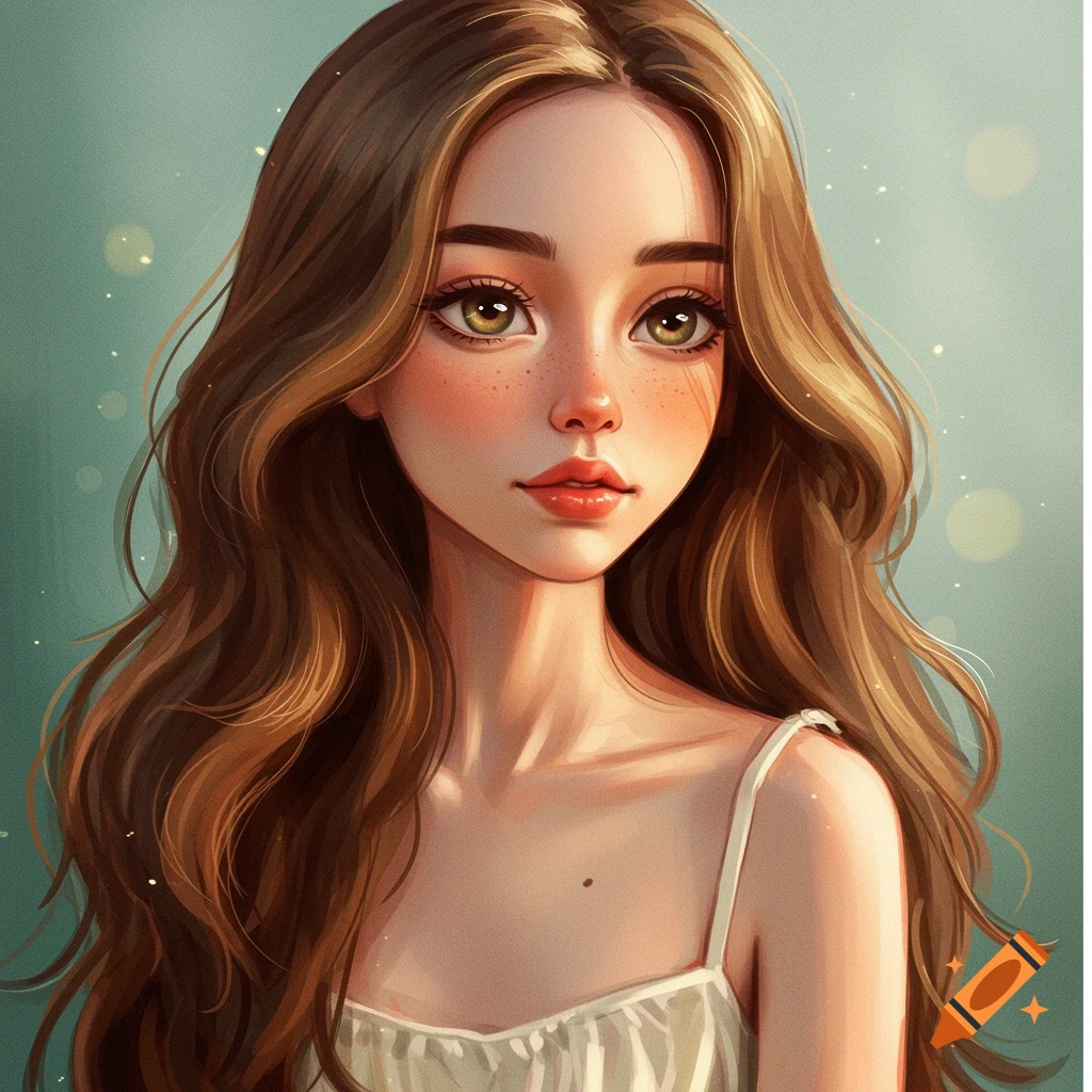 A girl with long brown hair and hazel eyes wearing a white sundress against a teal background, in a whimsical style.