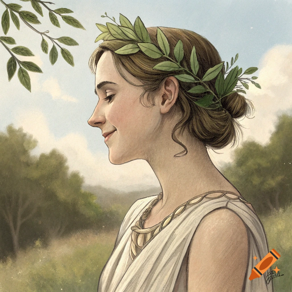 Illustrated profile portrait of a smiling woman in a laurel wreath and ancient attire in a field.