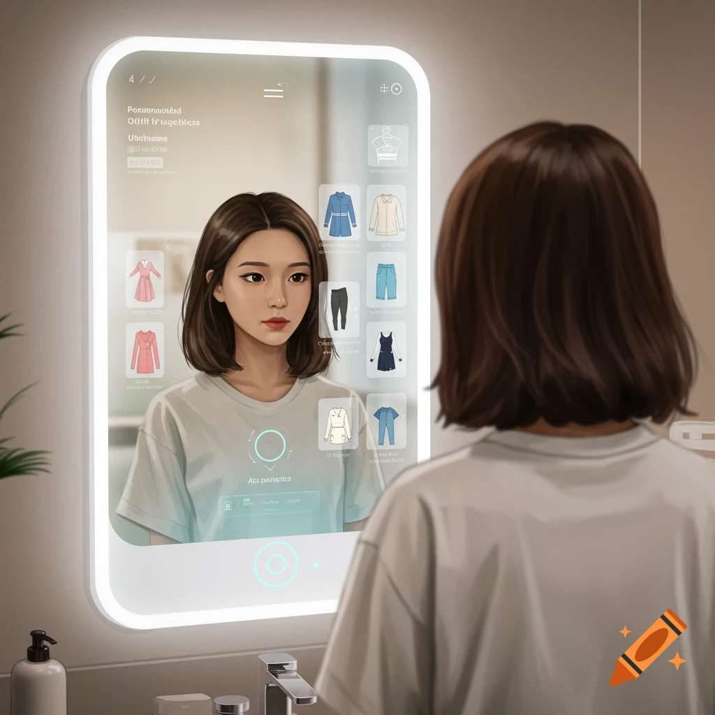 A woman looks at a smart mirror displaying personalized outfit choices.
