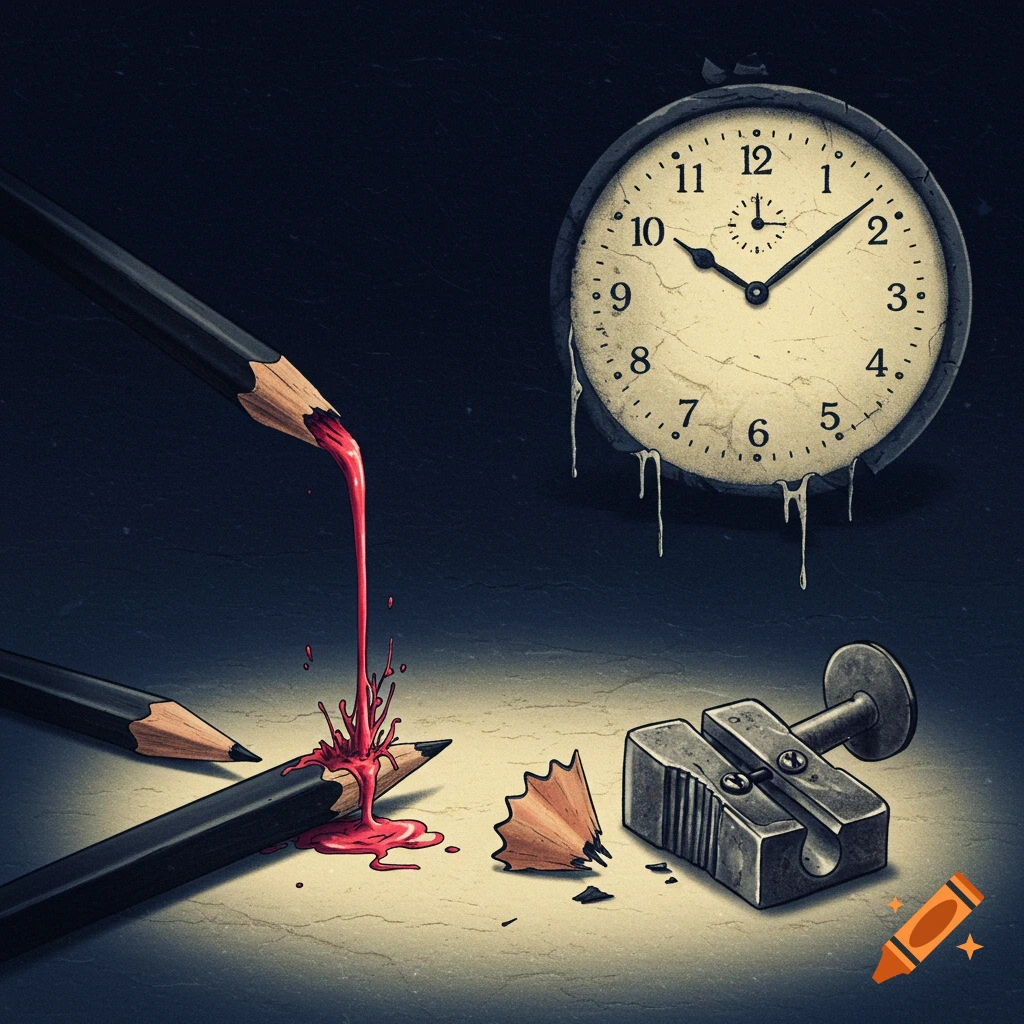 A surreal image showing pencils, one leaking red liquid, next to a pencil sharpener and a melting clock.