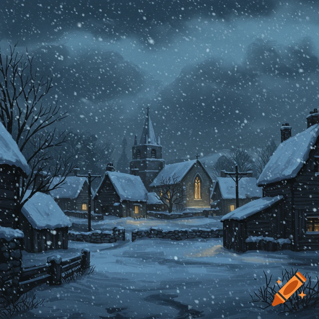 A snowy village at night with a church and houses under falling snow.