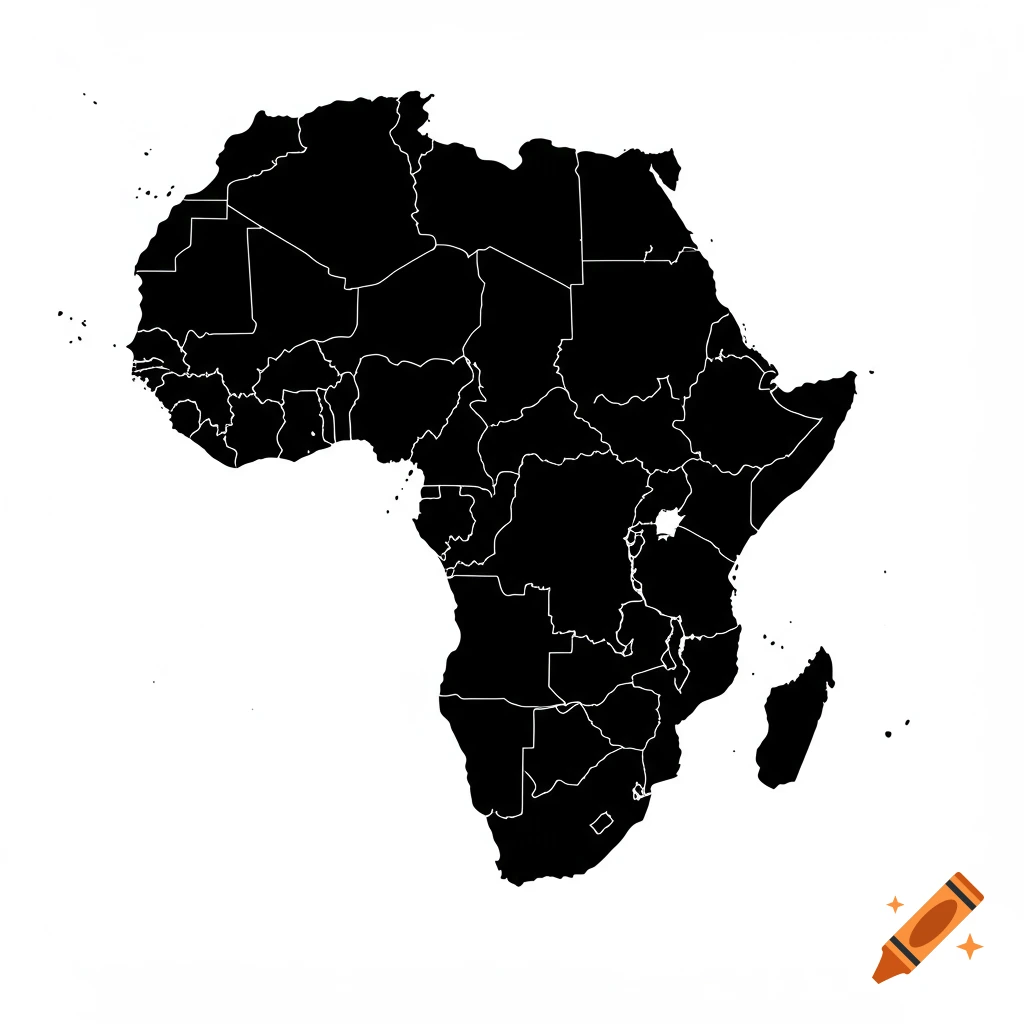 Black silhouette map of Africa with internal country borders in white.