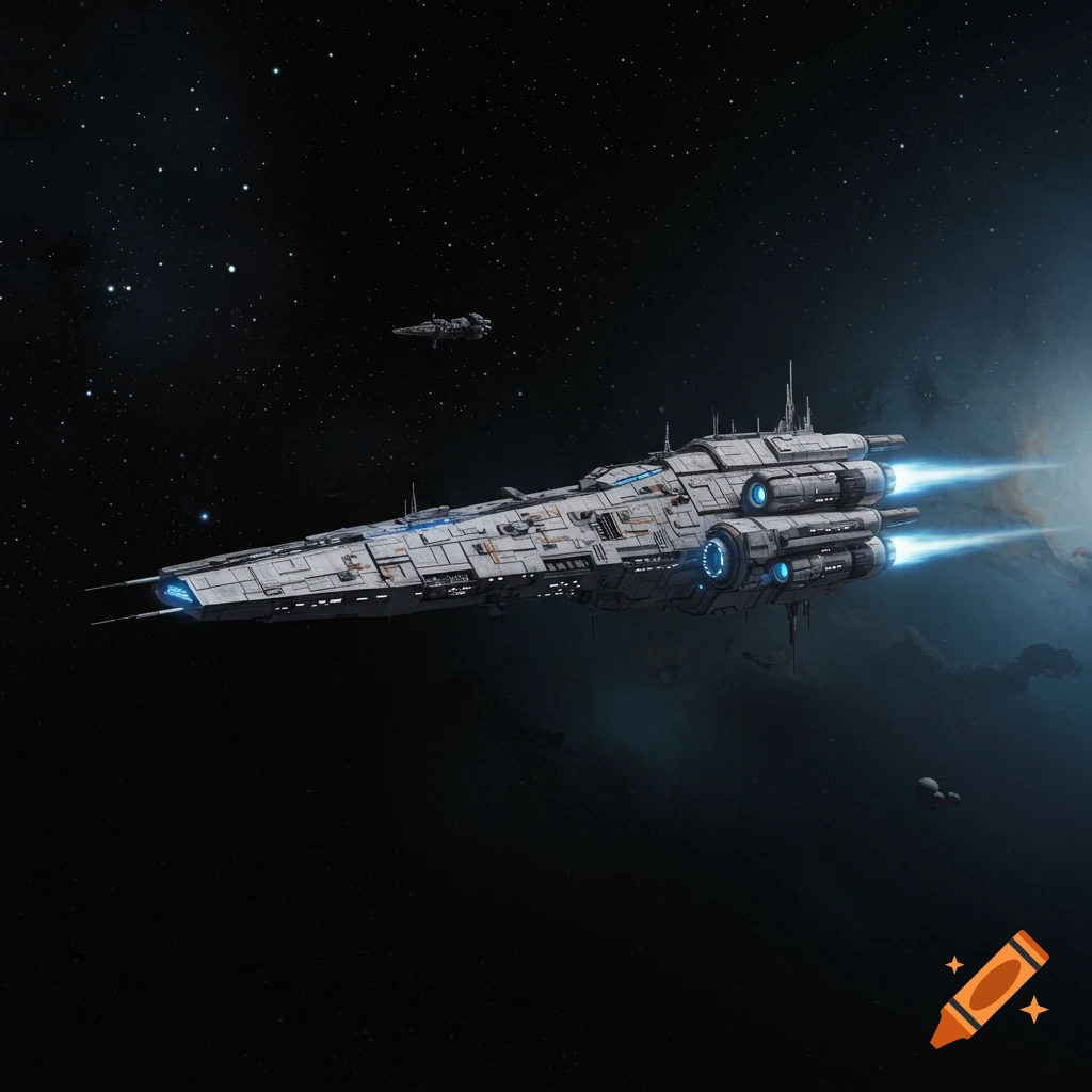 A detailed image of a futuristic spaceship with glowing engines flying through space, with a smaller ship in the distance.