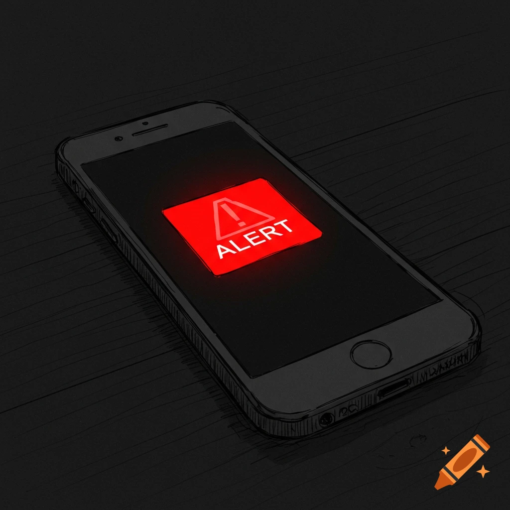 Sketch of a phone displaying a red alert message on its screen