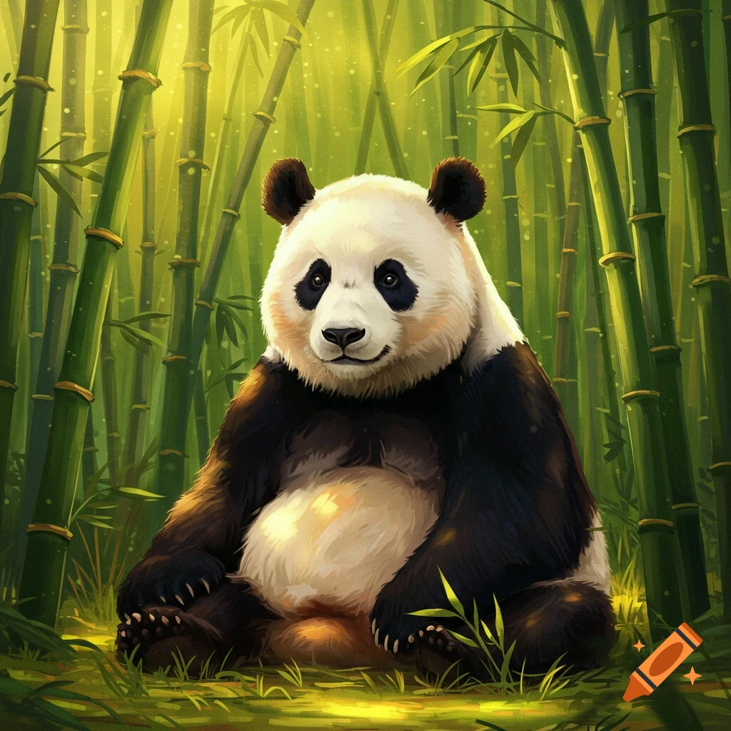 A panda sitting in a bamboo forest.