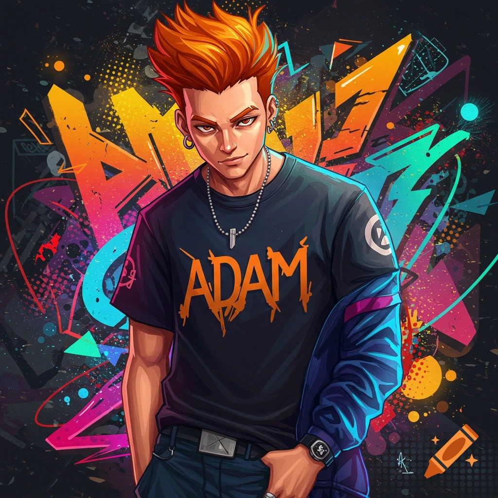 A young man with orange hair and an 'ADAM' t-shirt is shown against a colorful graffiti background.