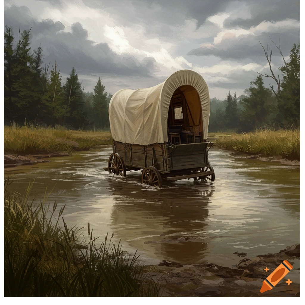A covered wagon stuck in a river flowing through a forest.