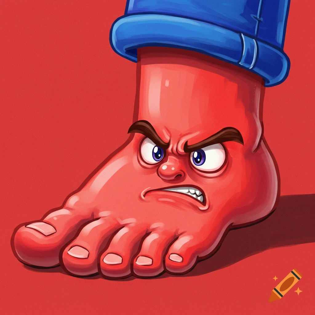Cartoon illustration of a red foot with an angry face wearing blue jeans cuff