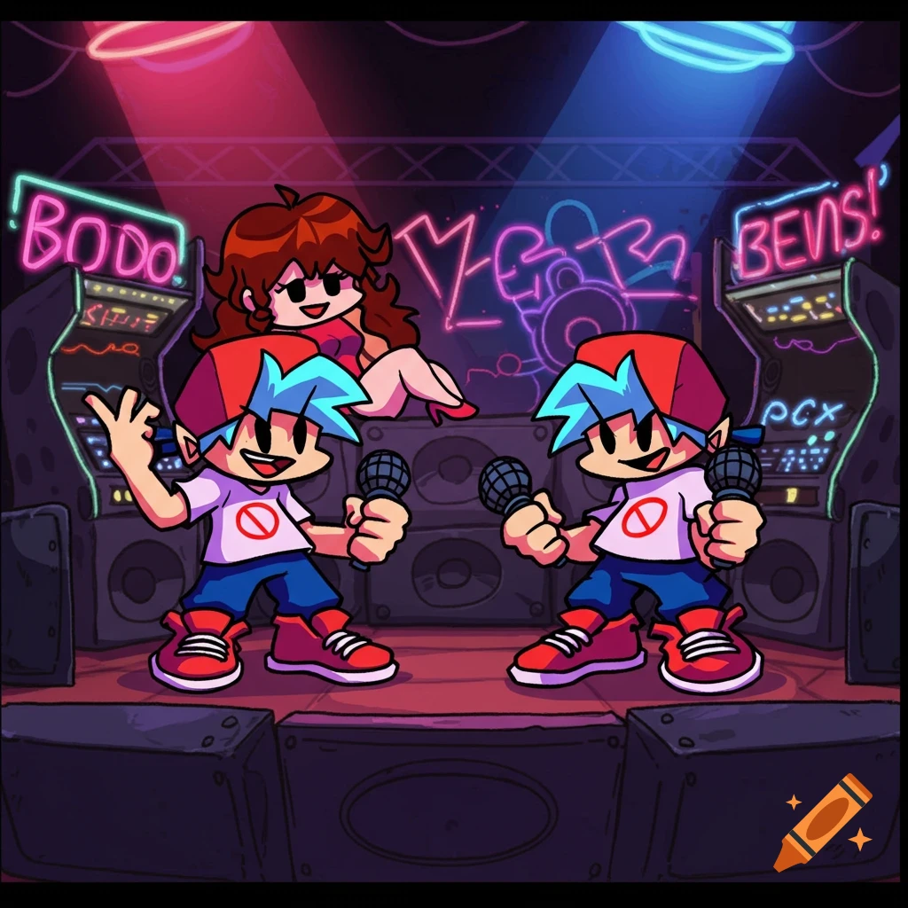 Cartoon characters Boyfriend and Girlfriend from Friday Night Funkin' on a stage with neon signs.