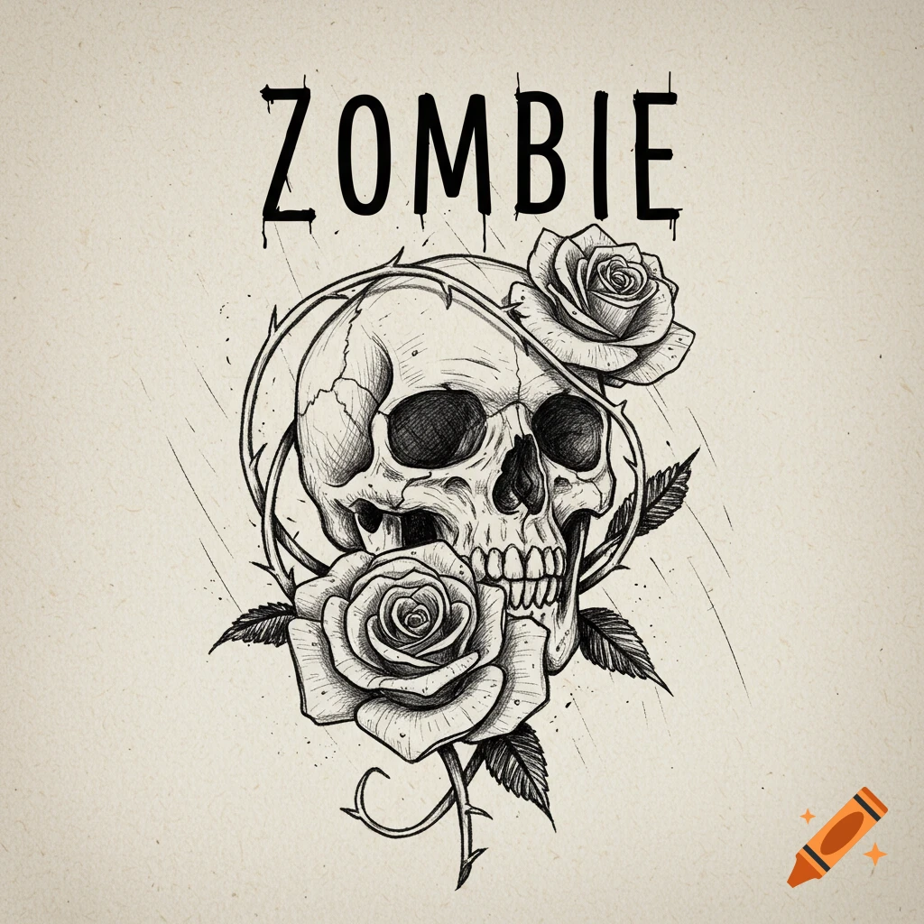Pencil sketch of a skull with roses and the word 'ZOMBIE'.