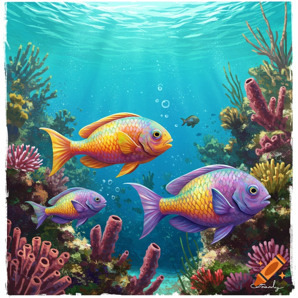 Colorful fish swimming among coral in an underwater scene, digital art.