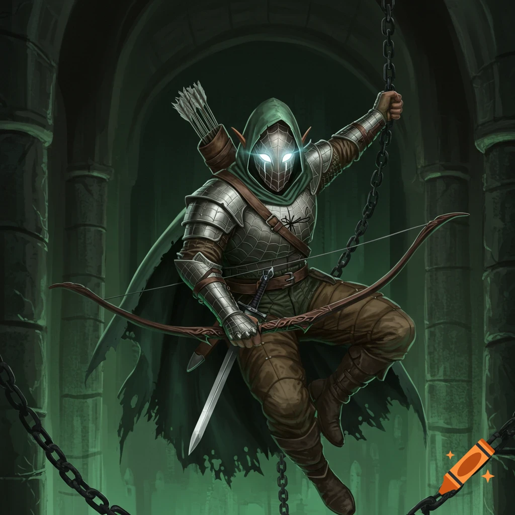 A masked elf warrior in a dungeon rappels on a chain, holding a bow and sword.