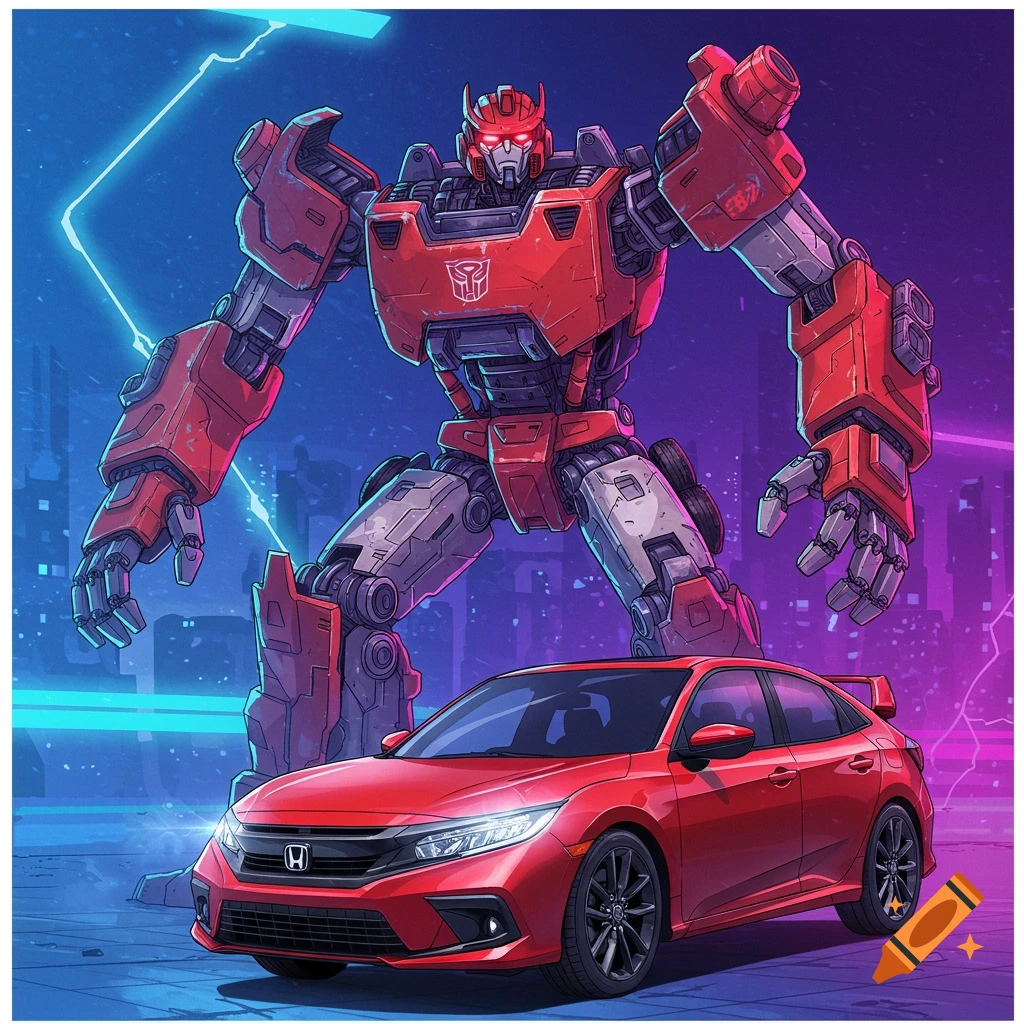 A red transforming robot stands behind a red Honda Civic in a city.