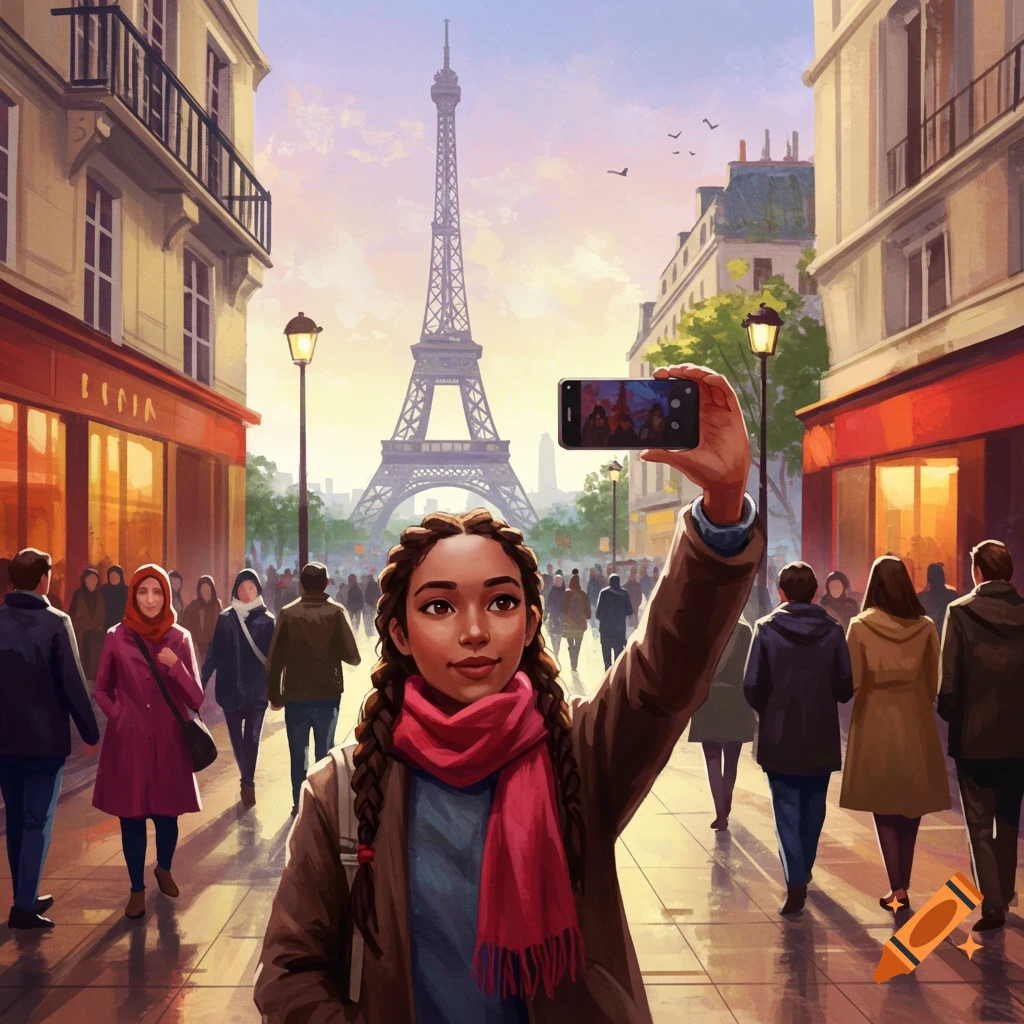 A woman taking a selfie on a Paris street with the Eiffel Tower visible.