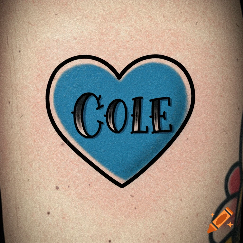 Old school tattoo of blue heart with 'COLE' on arm