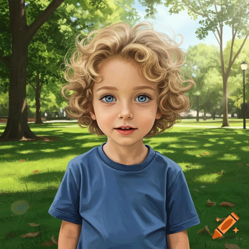 A young boy with curly blonde hair and blue eyes standing in a sunny park.
